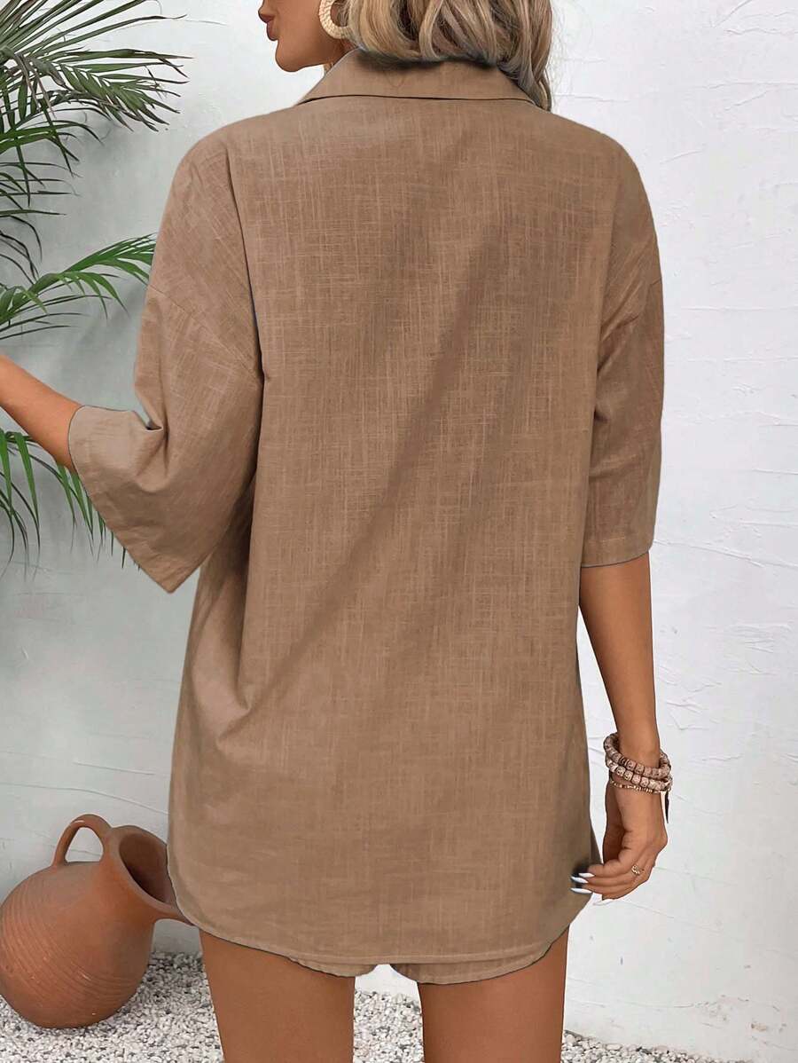 Bold Rush  Women's Solid Color Button Front Short Sleeve Top And Shorts Casual 2 Pieces Set