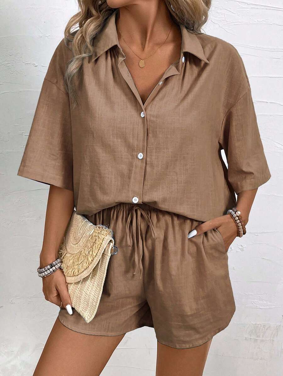 Bold Rush  Women's Solid Color Button Front Short Sleeve Top And Shorts Casual 2 Pieces Set