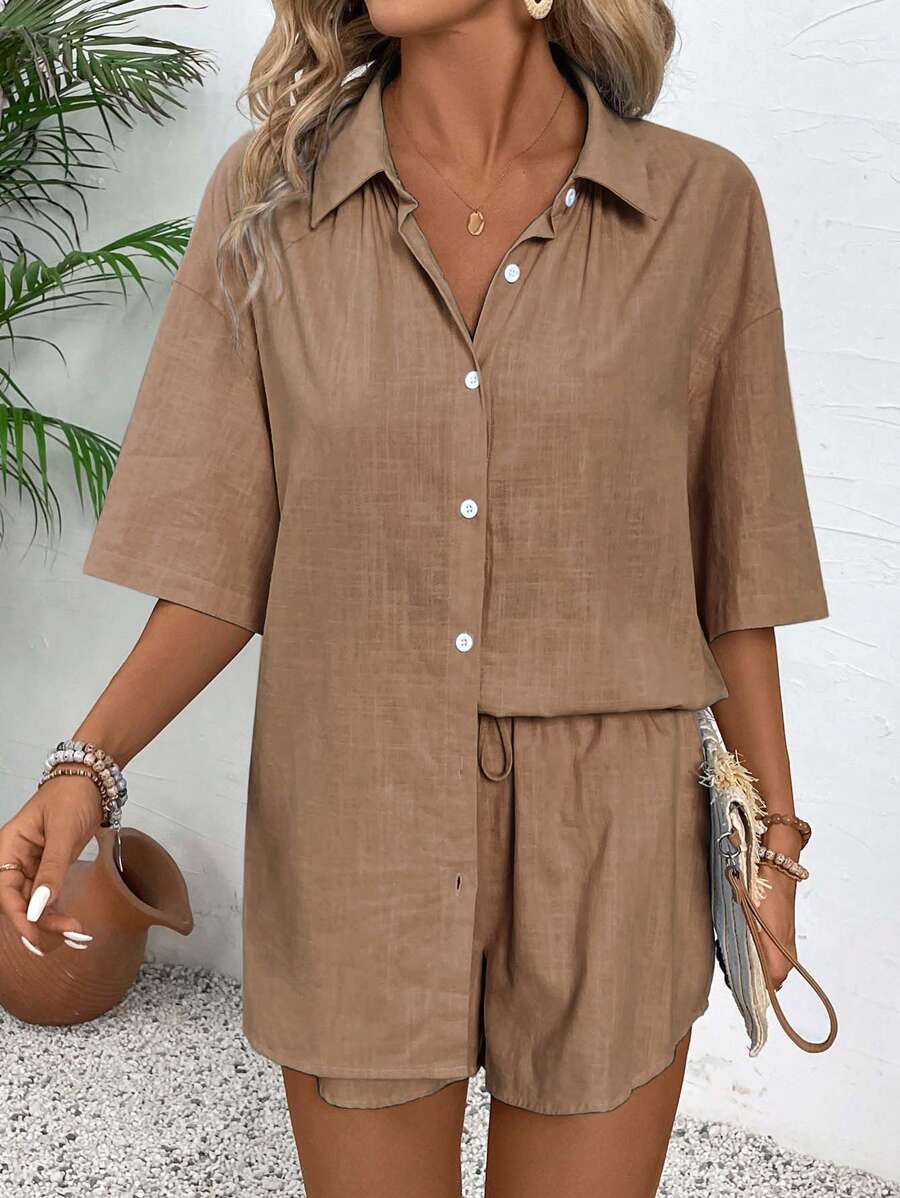 Bold Rush  Women's Solid Color Button Front Short Sleeve Top And Shorts Casual 2 Pieces Set