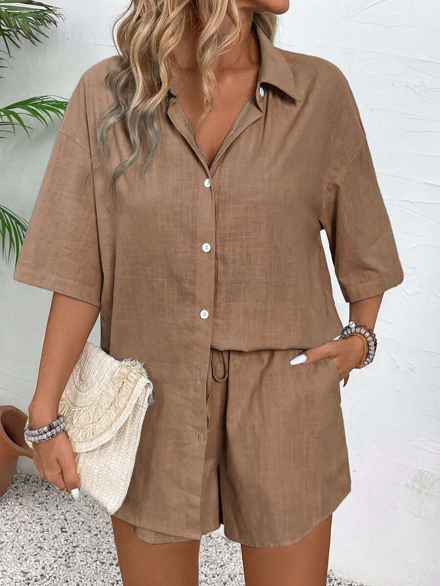 Bold Rush  Women's Solid Color Button Front Short Sleeve Top And Shorts Casual 2 Pieces Set