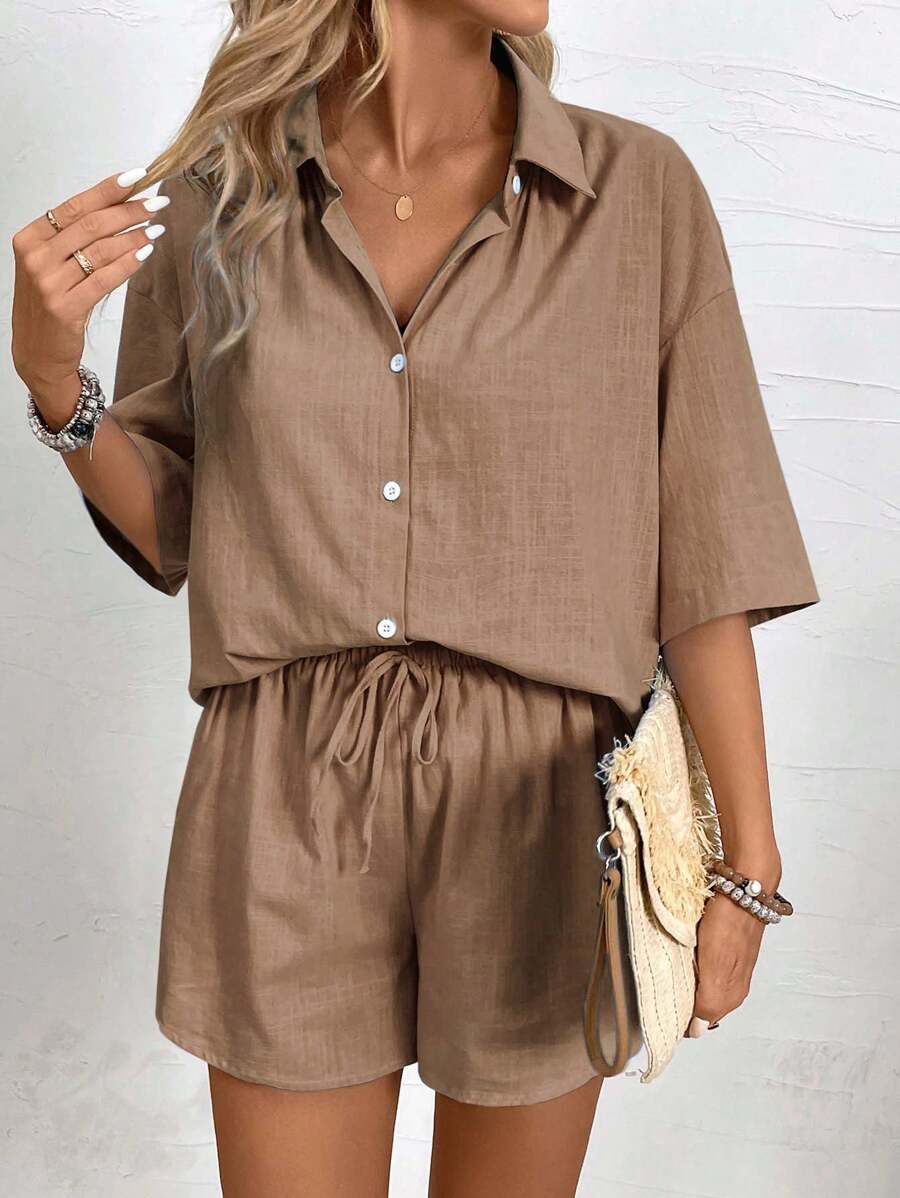 Bold Rush  Women's Solid Color Button Front Short Sleeve Top And Shorts Casual 2 Pieces Set