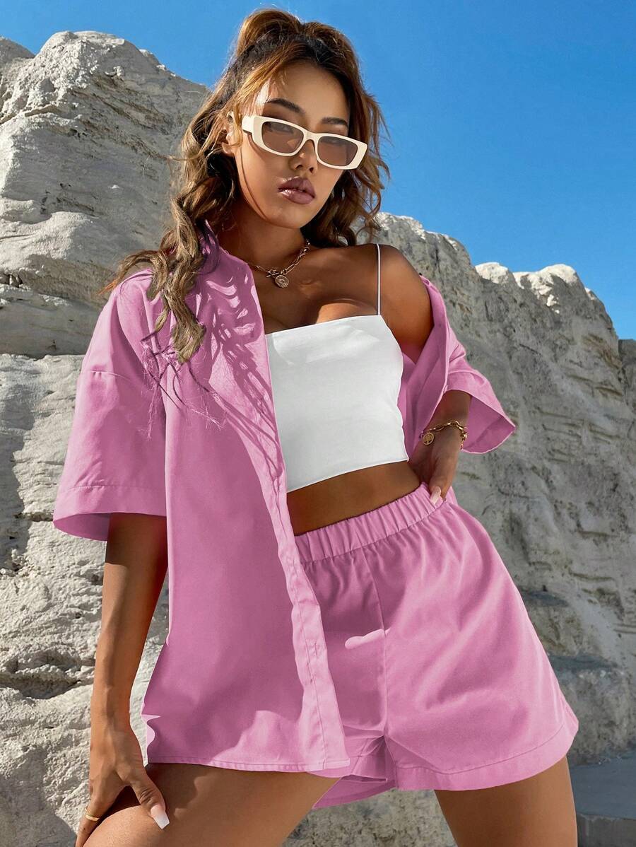 Bold Rush  Solid Button Through Drop Shoulder Shirt & Shorts