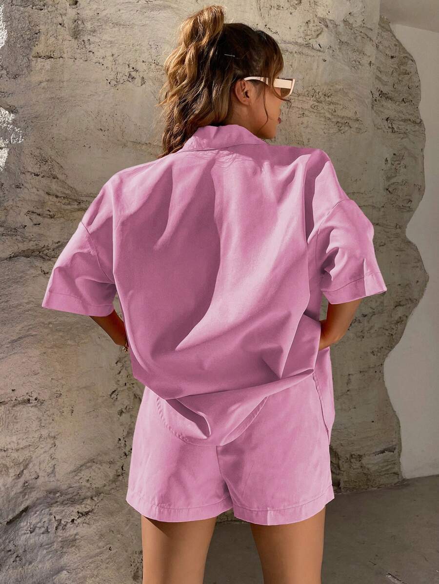 Bold Rush  Solid Button Through Drop Shoulder Shirt & Shorts