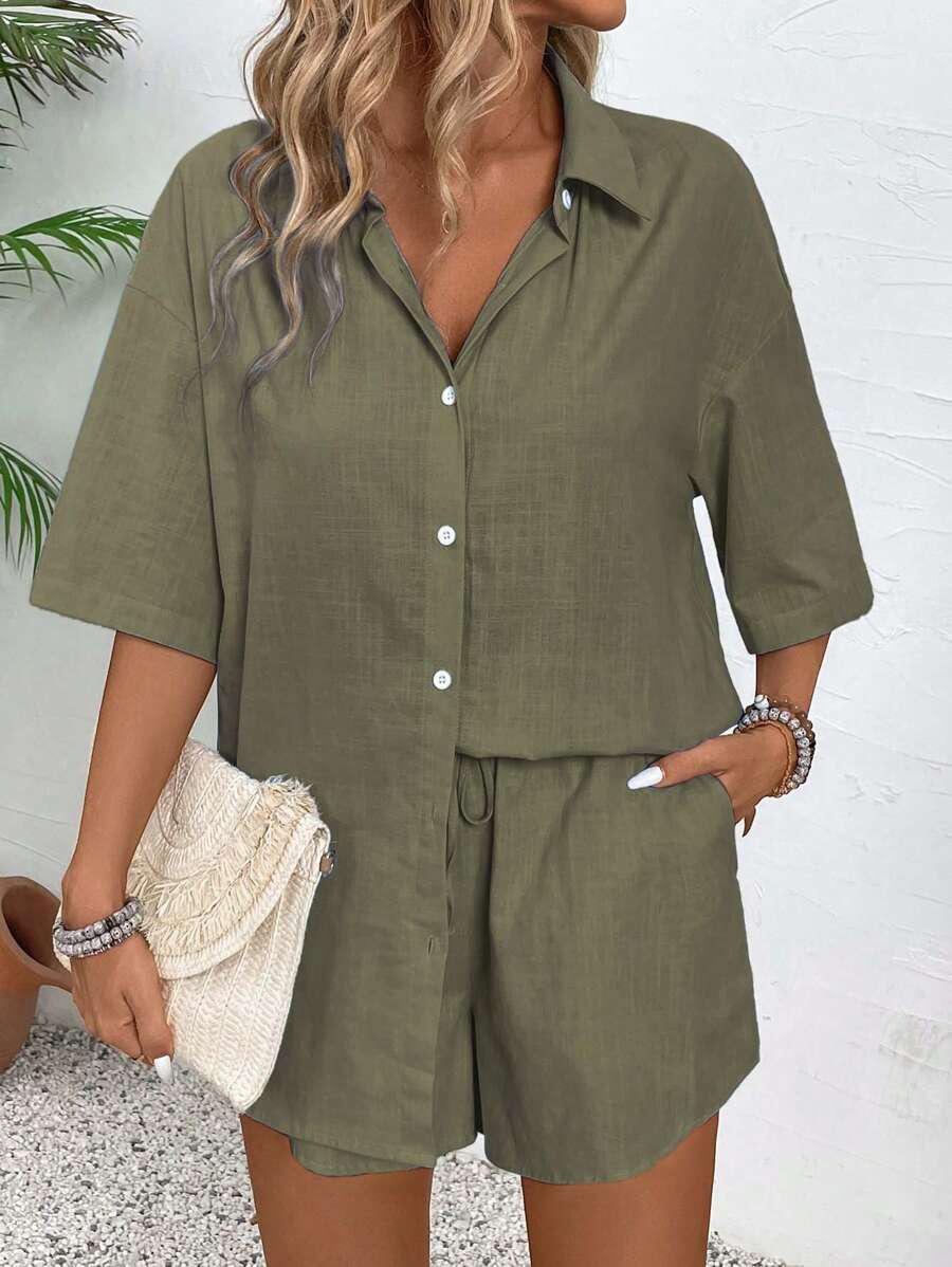 Bold Rush  2pcs Women Solid Shirt & Shorts Set, Minimalist Casual Style Daily Wear