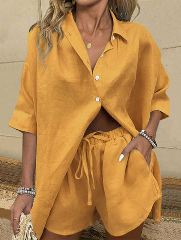 Bold Rush  2pcs Women Casual Set: Plain Drop Shoulder Single-Breasted Shirt And Shorts