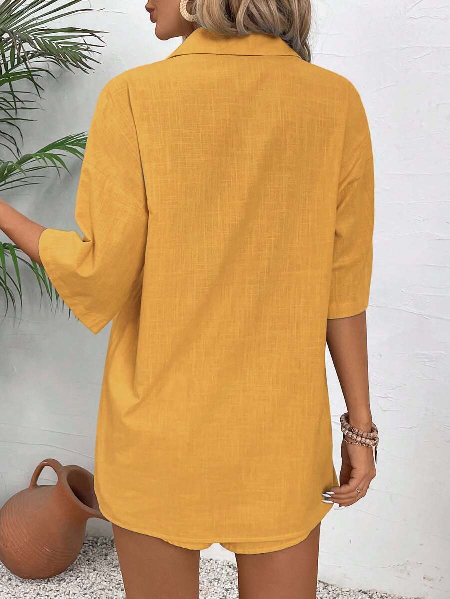 Bold Rush  2pcs Women Casual Set: Plain Drop Shoulder Single-Breasted Shirt And Shorts