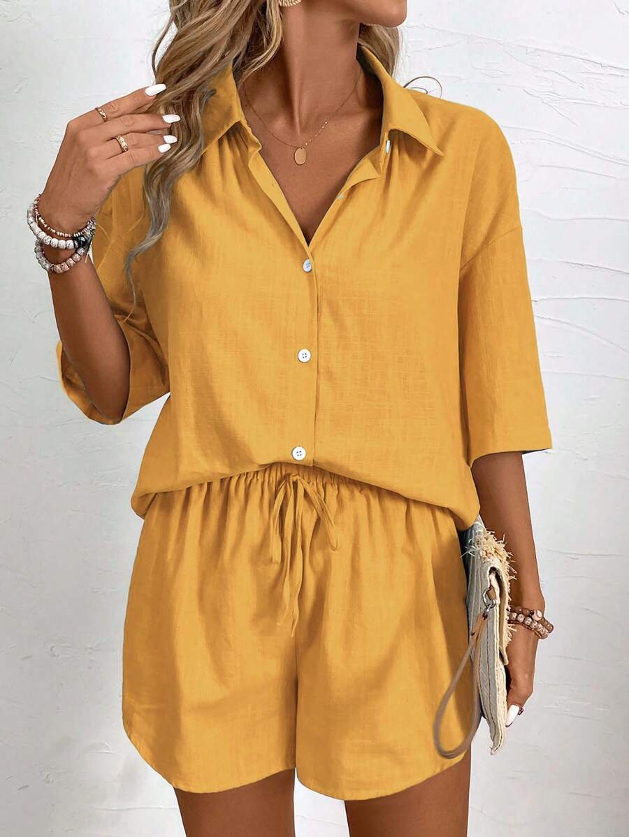 Bold Rush  2pcs Women Casual Set: Plain Drop Shoulder Single-Breasted Shirt And Shorts