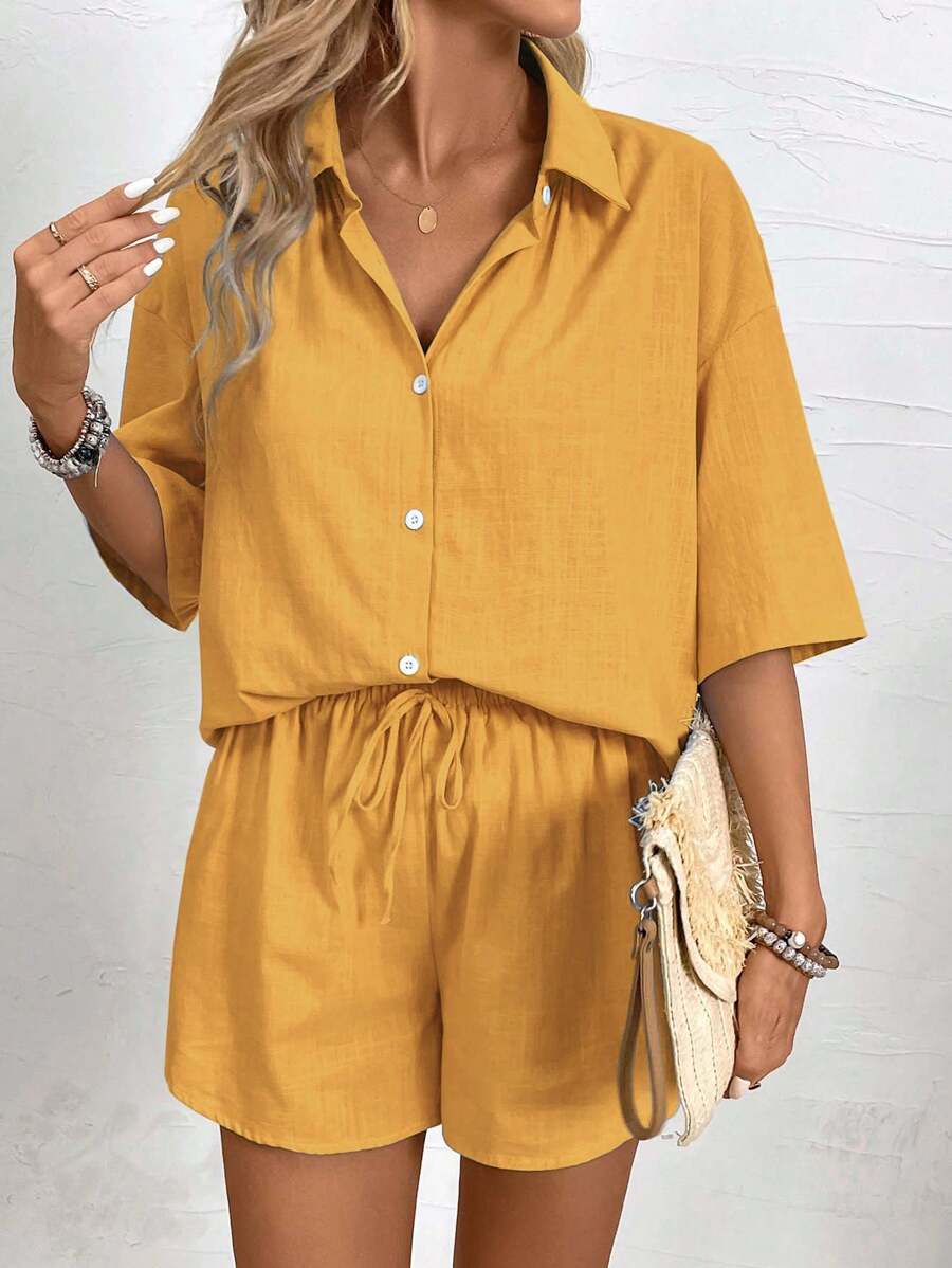 Bold Rush  2pcs Women Casual Set: Plain Drop Shoulder Single-Breasted Shirt And Shorts
