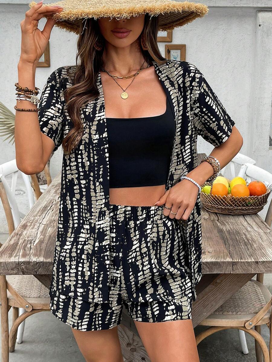 Bold Rush  2pcs Women Tie-Dye Print Short Sleeve Kimono And Shorts Casual Set