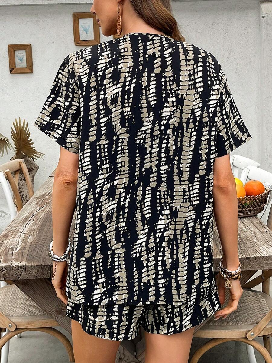 Bold Rush  2pcs Women Tie-Dye Print Short Sleeve Kimono And Shorts Casual Set