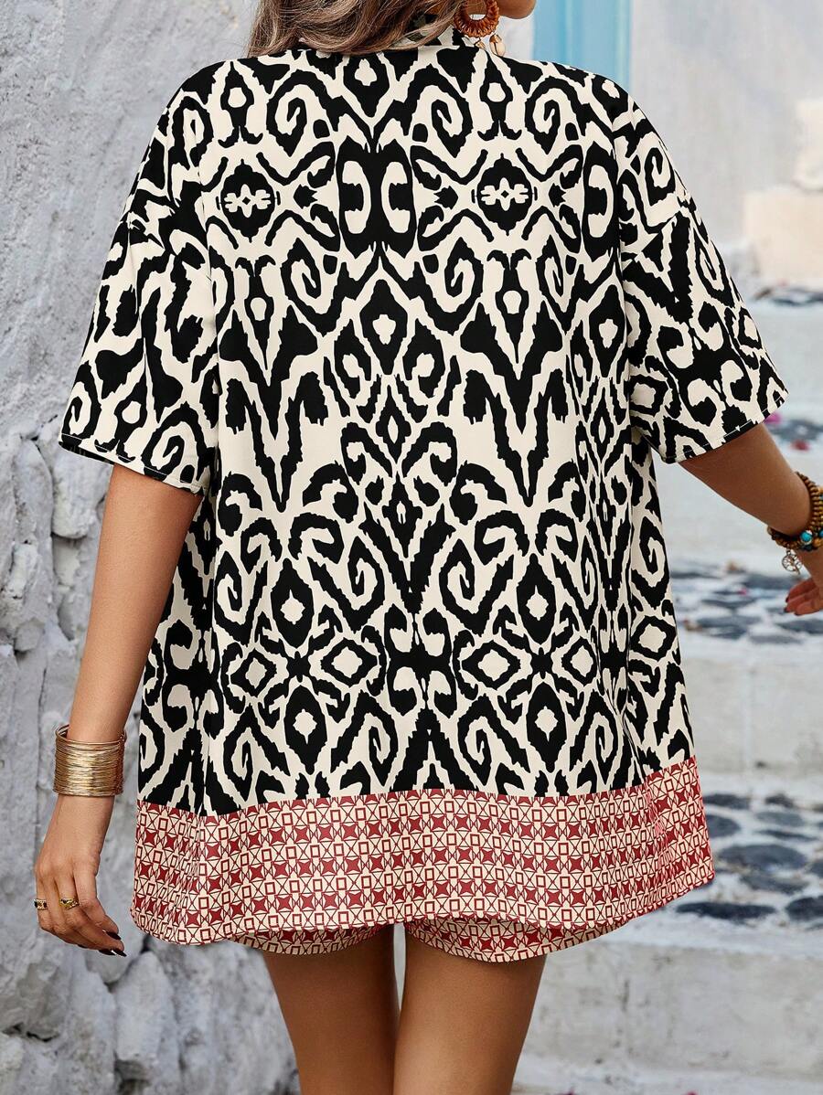 Bold Rush  Random Printed Vintage Style Women Short Sleeve And Shorts Two-Piece Set