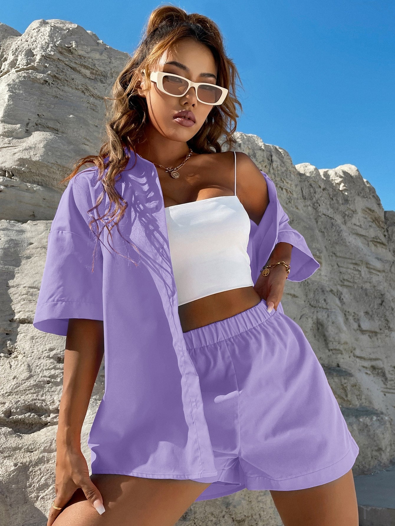 Bold Rush  Solid Button Through Drop Shoulder Shirt & Shorts