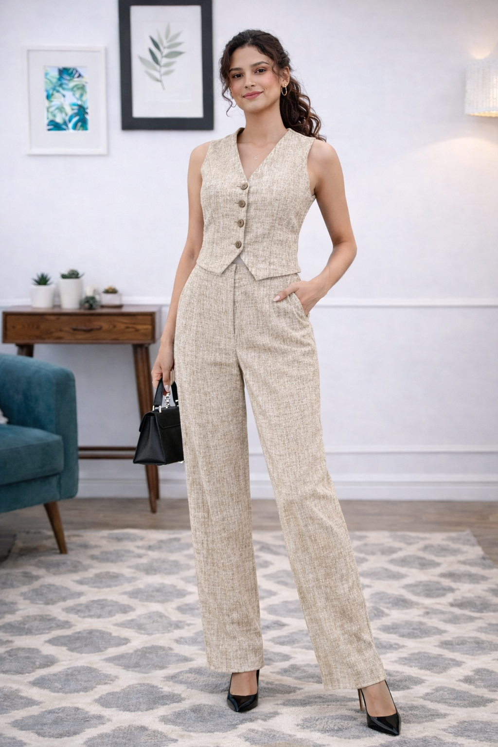 Beige Luxe Tailored Waistcoat Co-Ord Set