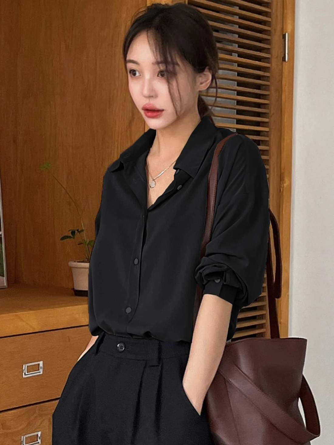 Women's Solid Black Co-Ord Set – Relaxed Fit Shirt & Wide-Leg Trousers