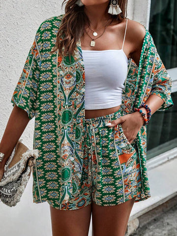 Bold Rush  Women's Full Printed Kimono Shirt And Shorts Set