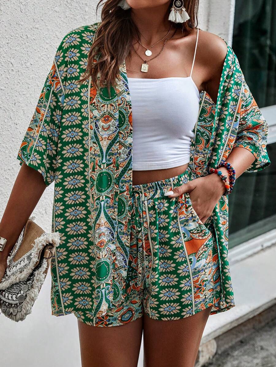 Bold Rush  Women's Full Printed Kimono Shirt And Shorts Set