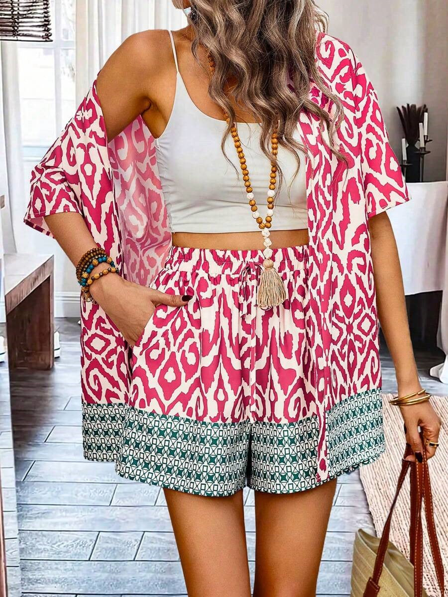 Bold Rush  Women's Summer Random Printed Short Sleeve Shirt And Shorts Set