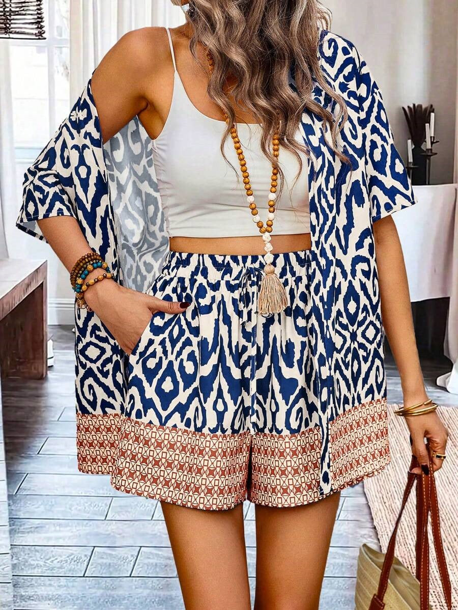Bold Rush  Women's Summer Random Printed Short Sleeve Shirt And Shorts Set