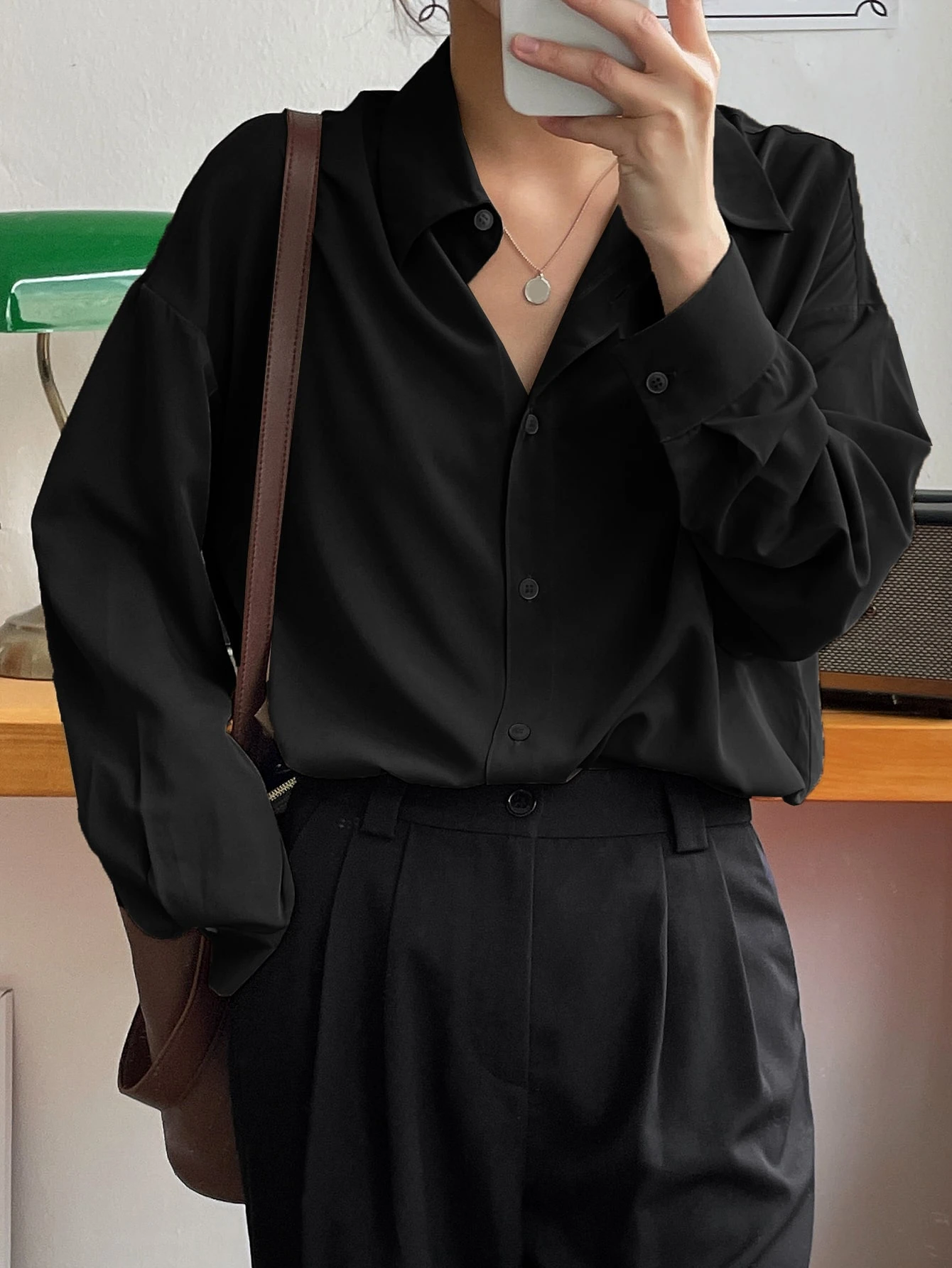 Women's Solid Black Co-Ord Set – Relaxed Fit Shirt & Wide-Leg Trousers