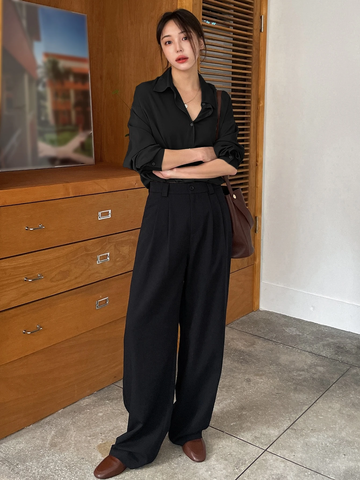 Women's Solid Black Co-Ord Set – Relaxed Fit Shirt & Wide-Leg Trousers