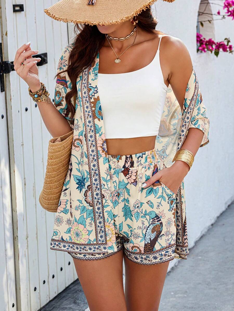 Bold Rush  Random Printed Vintage Style Women Short Sleeve And Shorts Two-Piece Set