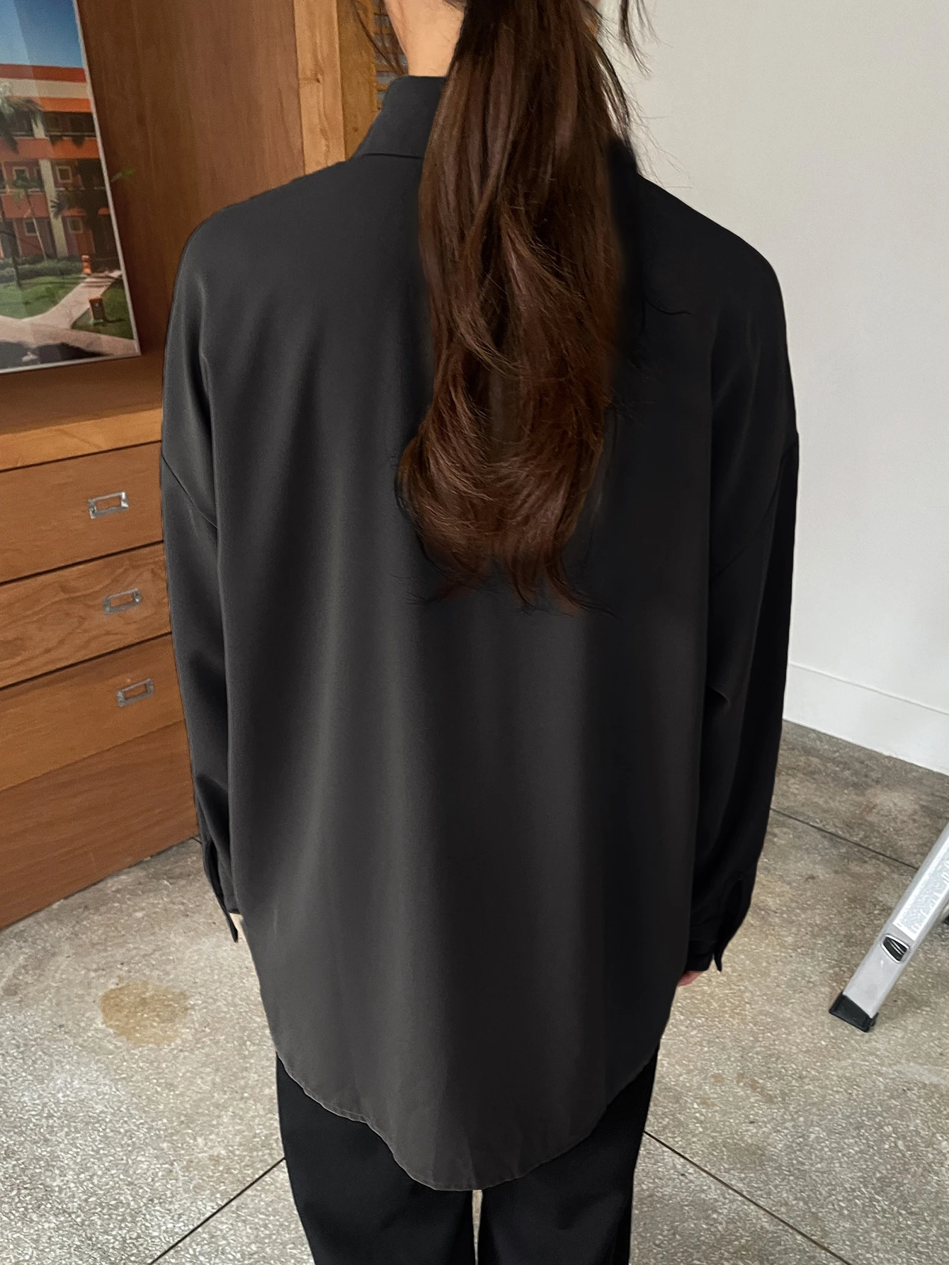 Women's Solid Black Co-Ord Set – Relaxed Fit Shirt & Wide-Leg Trousers